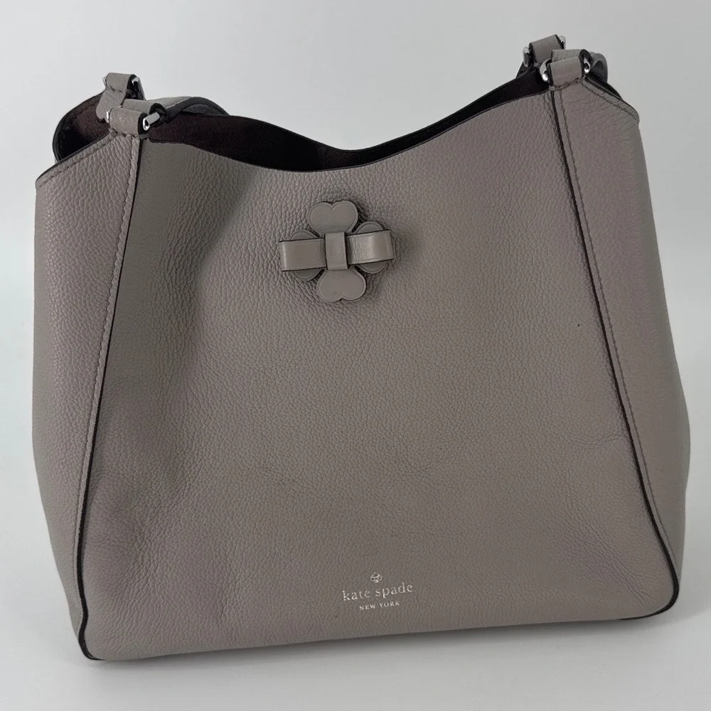 Kate Spade Talia Taupe Grey Pebbled Leather Flower 3 Compartment Shoulder Bag